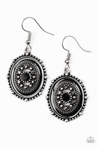Picture of WEALTH - Paparazzi - Black Rhinestone Silver Studded Oval Frame Earrings