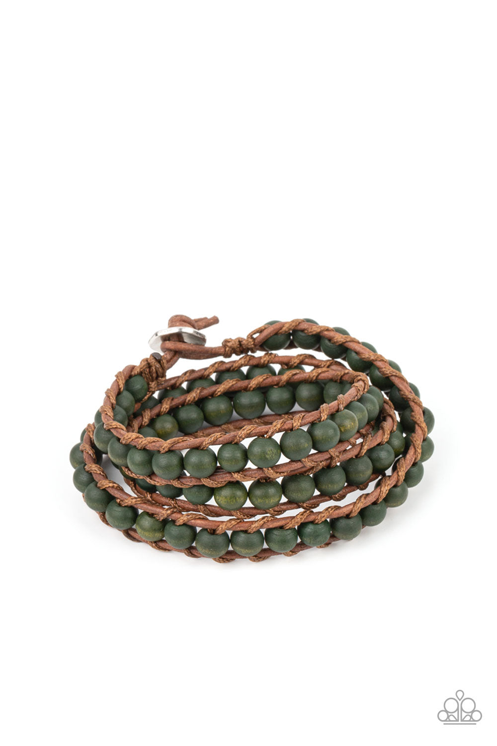 Pine Paradise - Paparazzi - Green Wood Brown Leather Cord Loop Closure Bracelet﻿