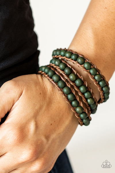 Pine Paradise - Paparazzi - Green Wood Brown Leather Cord Loop Closure Bracelet﻿