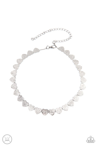 Playing HEART To Get - Paparazzi - Silver Etched Heart Choker Necklace