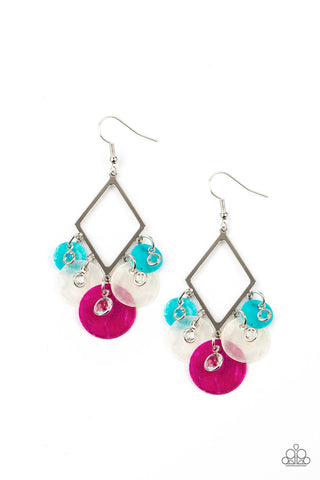 Pomp And Circumstance - Paparazzi - Multi Pink Blue White Shell Disc Silver Diamond Frame Earrings