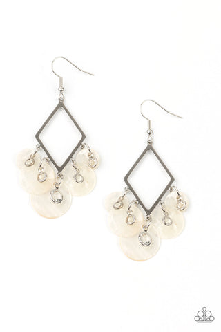 Pomp And Circumstance - Paparazzi - White Iridescent Shell Disc Silver Diamond Frame Earrings