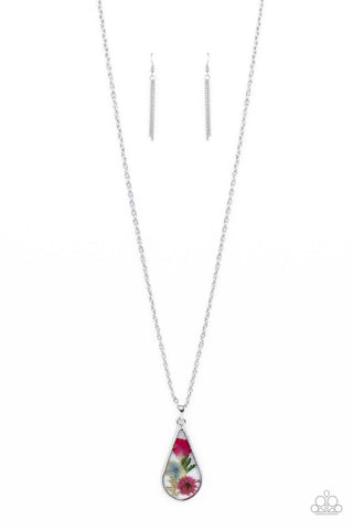 Pop Goes the Perennial - Paparazzi - Pink and Blue Pressed Flowers Teardrop Pendant Necklace