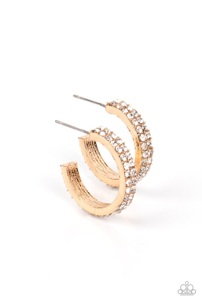 Positively Petite - Paparazzi - Gold White Rhinestone Small Hoop Earrings