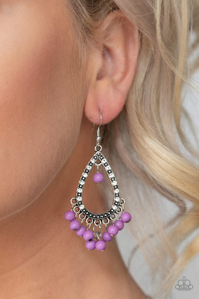 Positively Prismatic - Paparazzi - Purple Bead White Rhinestone Teardrop Earrings