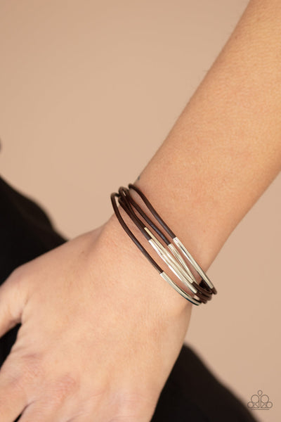 Power CORD - Paparazzi - Brown Cord Silver Cylinder Bar Magnetic Bracelet