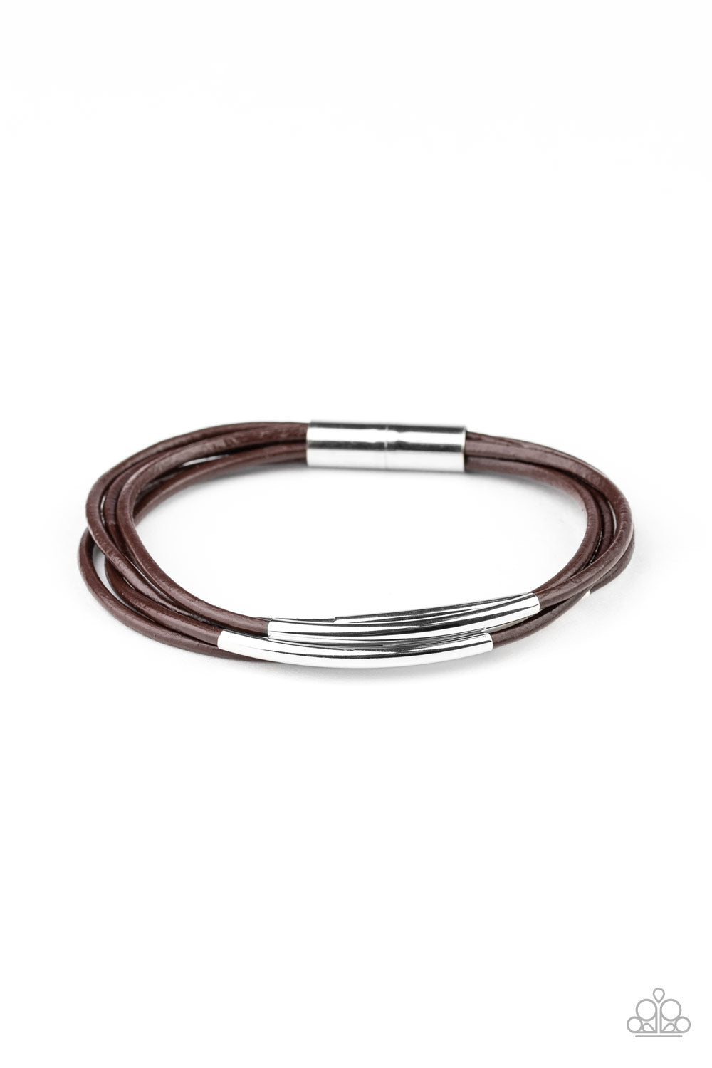 Power CORD - Paparazzi - Brown Cord Silver Cylinder Bar Magnetic Bracelet