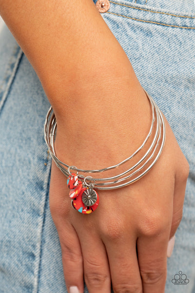 Prairie Plains - Paparazzi - Multi Red Stone Disc Silver Floral Bangle Bracelet