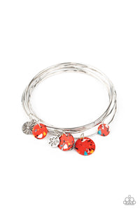 Prairie Plains - Paparazzi - Multi Red Stone Disc Silver Floral Bangle Bracelet