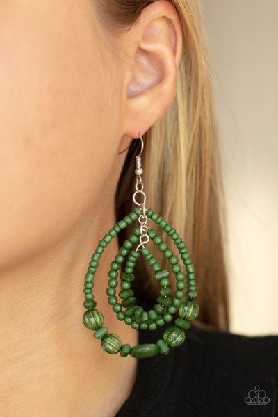 Prana Party - Paparazzi - Green Stone Seed Bead Crystal Teardrop Earrings