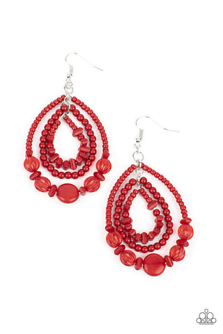 Prana Party - Paparazzi - Red Stone Seed Bead Crystal Teardrop Earrings