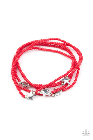 Pretty Patriotic - Paparazzi - Red Beed Bead Silver Star Stretchy Bracelets