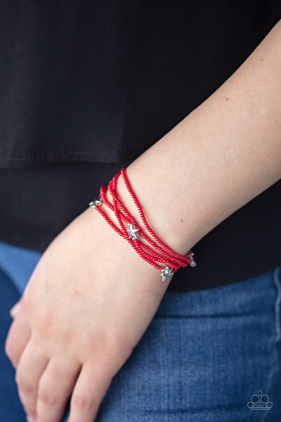 Pretty Patriotic - Paparazzi - Red Beed Bead Silver Star Stretchy Bracelets