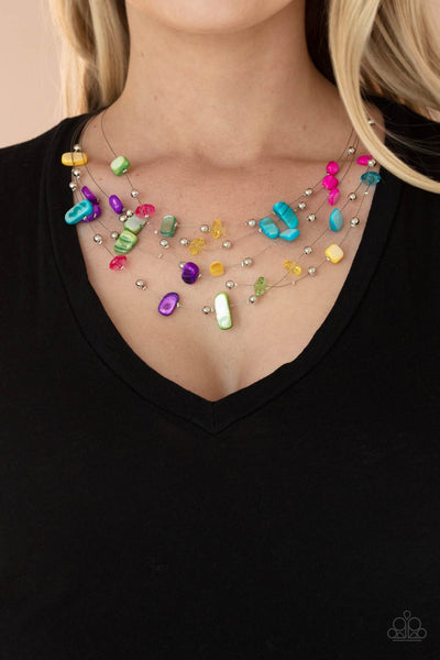 Prismatic Pebbles - Paparazzi - Multi Shell and Crystal Bead Silver Wire Necklace