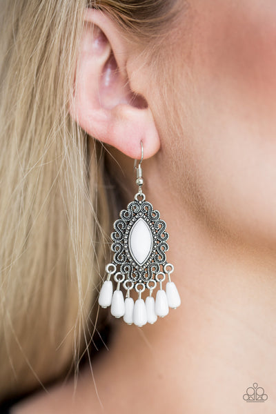 Private Villa - Paparazzi - White Faceted Bead Silver Filigree Earrings