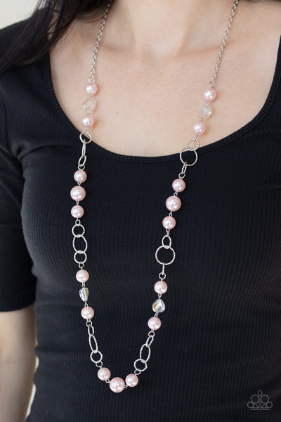 Prized Pearls - Paparazzi - Pink Pearl Silver Textured Ring Necklace