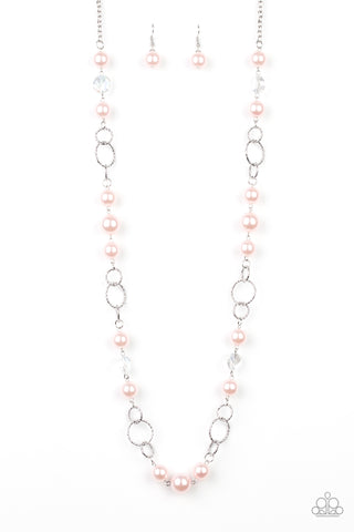 Prized Pearls - Paparazzi - Pink Pearl Silver Textured Ring Necklace