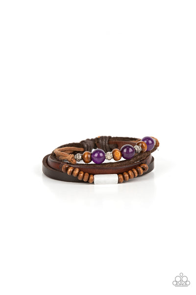 Public In-QUARRY - Paparazzi - Purple Stone Brown Wood Bead Leather Sliding Knot Bracelet