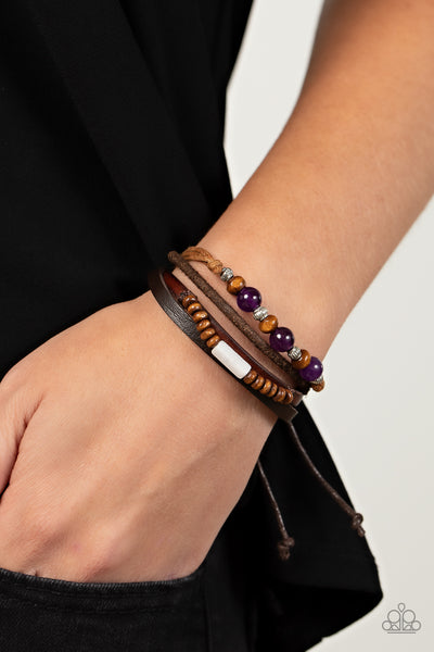 Public In-QUARRY - Paparazzi - Purple Stone Brown Wood Bead Leather Sliding Knot Bracelet