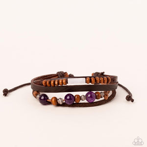 Public In-QUARRY - Paparazzi - Purple Stone Brown Wood Bead Leather Sliding Knot Bracelet