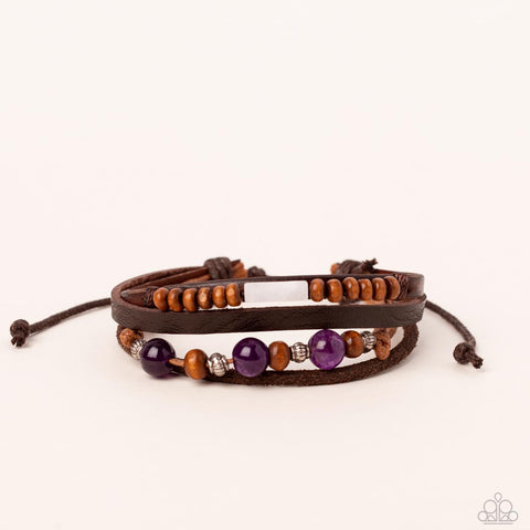 Public In-QUARRY - Paparazzi - Purple Stone Brown Wood Bead Leather Sliding Knot Bracelet