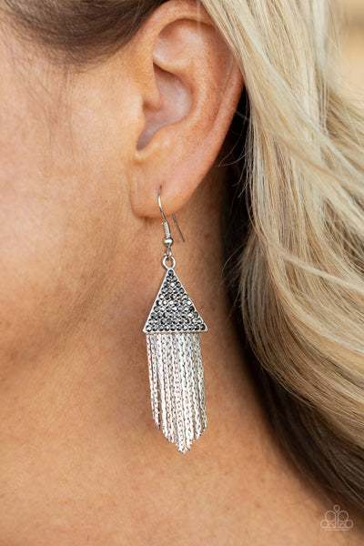 Pyramid SHEEN - Paparazzi - Silver Hematite Rhinestone Triangle Fringe 2021 Convention Exclusive Earrings
