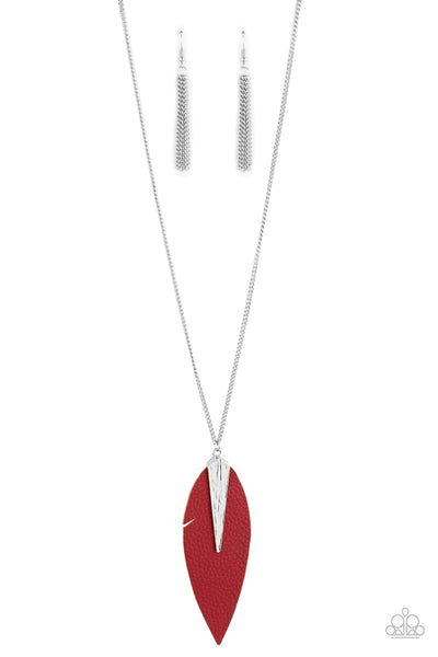 Quill Quest - Paparazzi - Red Leather Feather Silver Necklace