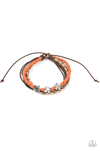 Raffia Remix - Paparazzi - Orange Wooden Bead Silver Flower Sliding Knot Bracelet