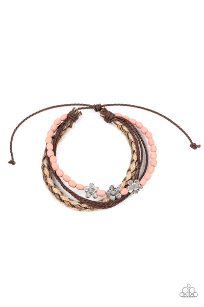 Raffia Remix - Paparazzi - Pink Wooden Bead Silver Flower Sliding Knot Bracelet