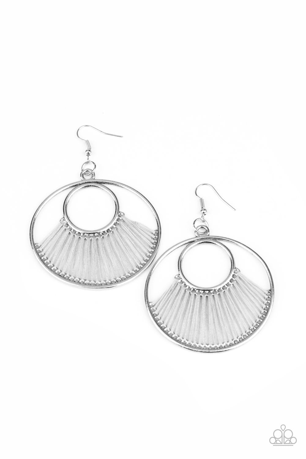 Really High-Strung - Paparazzi - Silver Hoop Grey Thread Earrings