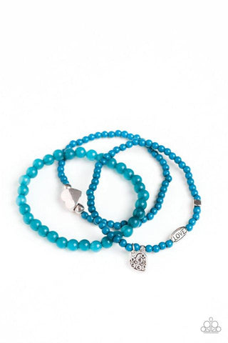 Really Romantic - Paparazzi - Blue Bead Silver Heart Charm Stretchy Bracelet