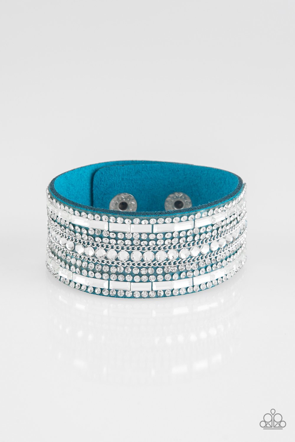 Rebel Radiance - Paparazzi - Blue Suede White Rhinestone Snap Bracelet