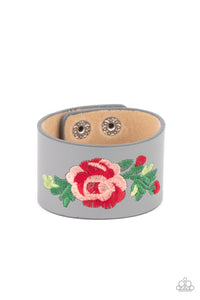 Rebel Rose - Paparazzi - Silver Grey Leather Pink Embroidered Rose Snap Bracelet