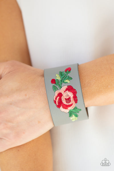 Rebel Rose - Paparazzi - Silver Grey Leather Pink Embroidered Rose Snap Bracelet