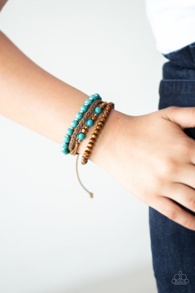 Renewable Energy - Paparazzi - Blue Turquoise Stone Brown Wood Bead Suede Sliding Knot Bracelet