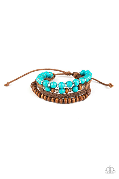 Renewable Energy - Paparazzi - Blue Turquoise Stone Brown Wood Bead Suede Sliding Knot Bracelet