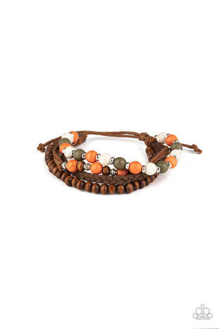 Renewable Energy - Paparazzi - Multi White Green Orange Brown Stone Brown Wood Suede Sliding Knot Bracelet