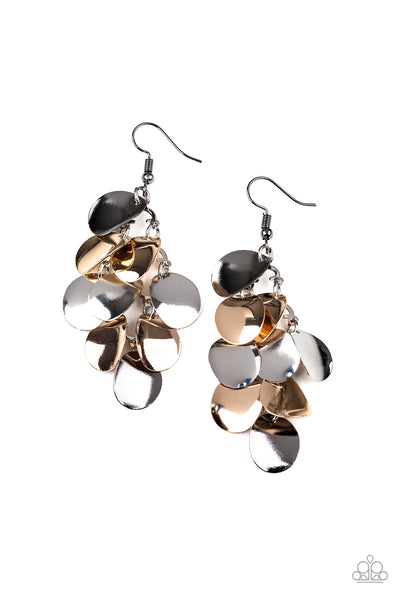 Resplendent Reflection - Paparazzi - Multi Silver and Gold Bent Disc Chandelier Earrings