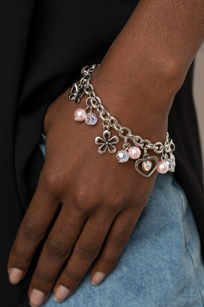 Retreat into Romance - Paparazzi - Pink Pearl Iridescent Bead Silver Charm Clasp Bracelet