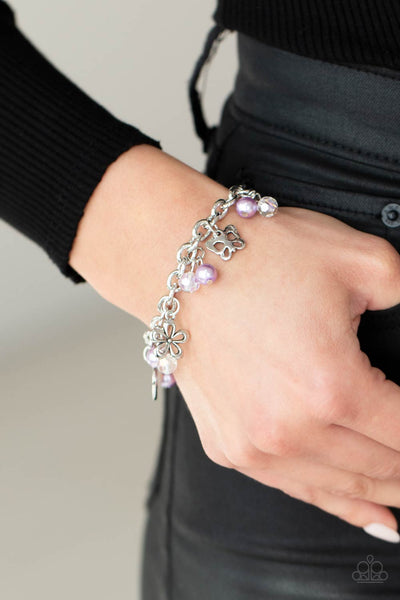 Retreat into Romance - Paparazzi - Purple Pearl Iridescent Bead Silver Charm Clasp Bracelet