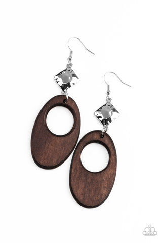 Retro Reveal - Paparazzi - Brown Wood Retro Oval Silver Hammered Earrings
