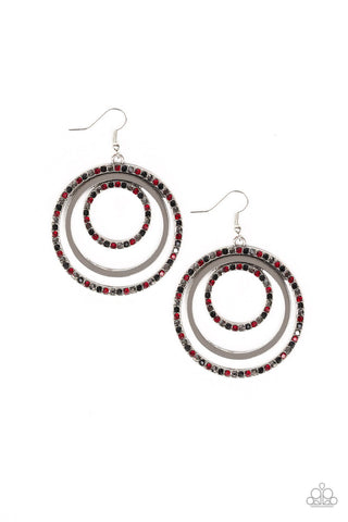 Rippling Refinement - Paparazzi - Multi Red Black and Hematite Rhinestone Silver Circular Earrings