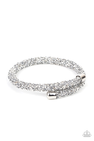 Roll Out The Glitz - Paparazzi - Silver Metallic and White Rhinestone Coil Bracelet Life of the Party