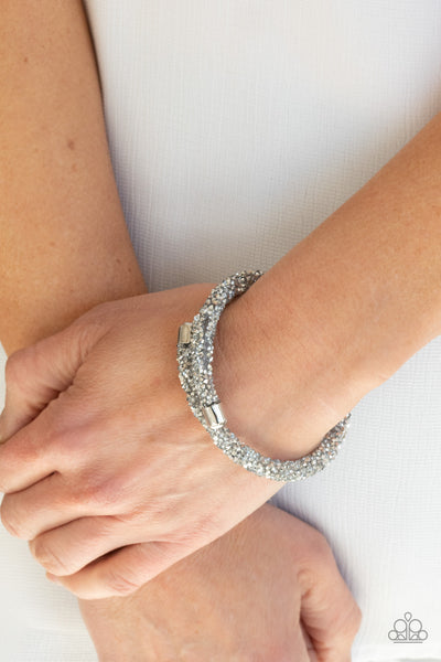 Roll Out The Glitz - Paparazzi - Silver Metallic and White Rhinestone Coil Bracelet Life of the Party