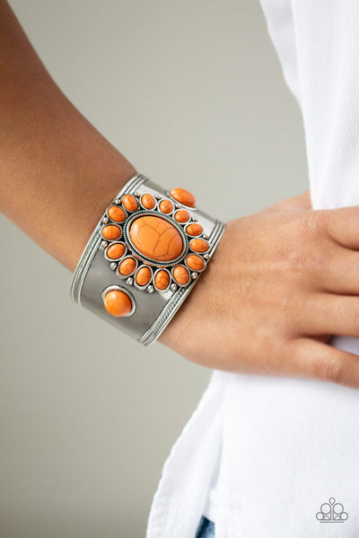 Room to Roam - Paparazzi - Orange Stone Floral Silver Cuff Bracelet