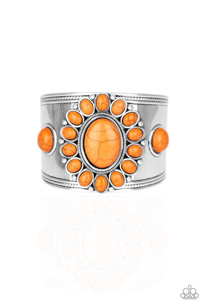 Room to Roam - Paparazzi - Orange Stone Floral Silver Cuff Bracelet