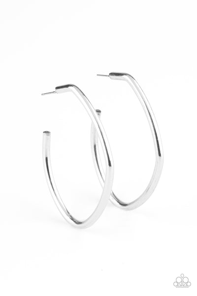 Rough It Up - Paparazzi - Silver Asymmetrical Hoop Earrings