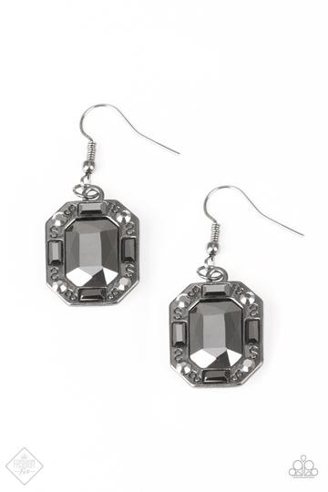 Royal Ruler - Paparazzi - Black Hematite Emerald Cut Rhinestone Earrings