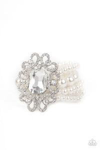Rule The Room - Paparazzi - White Pearl and Emerald Cut Rhinestone Filigree Stretchy Bracelet