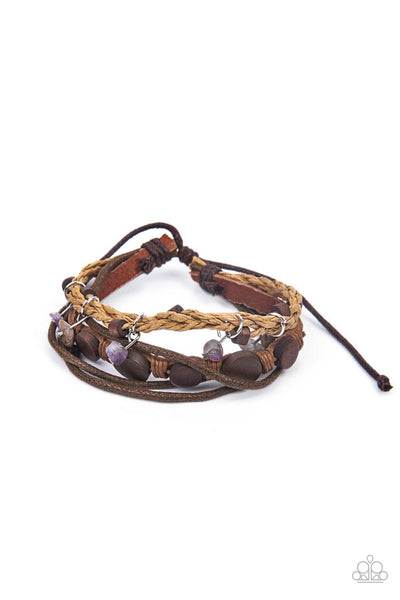 Run The Rapids - Paparazzi - Purple Stone Brown Leather and Wood Bead Sliding Knot Bracelet